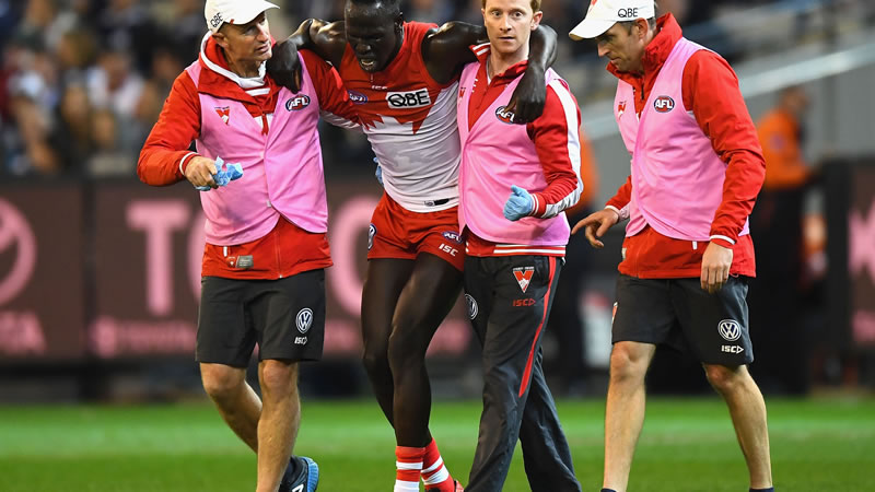 Sydney Swans defender Aliir Aliir goes a medial ligament in his knee - assisted by Tim Needham
